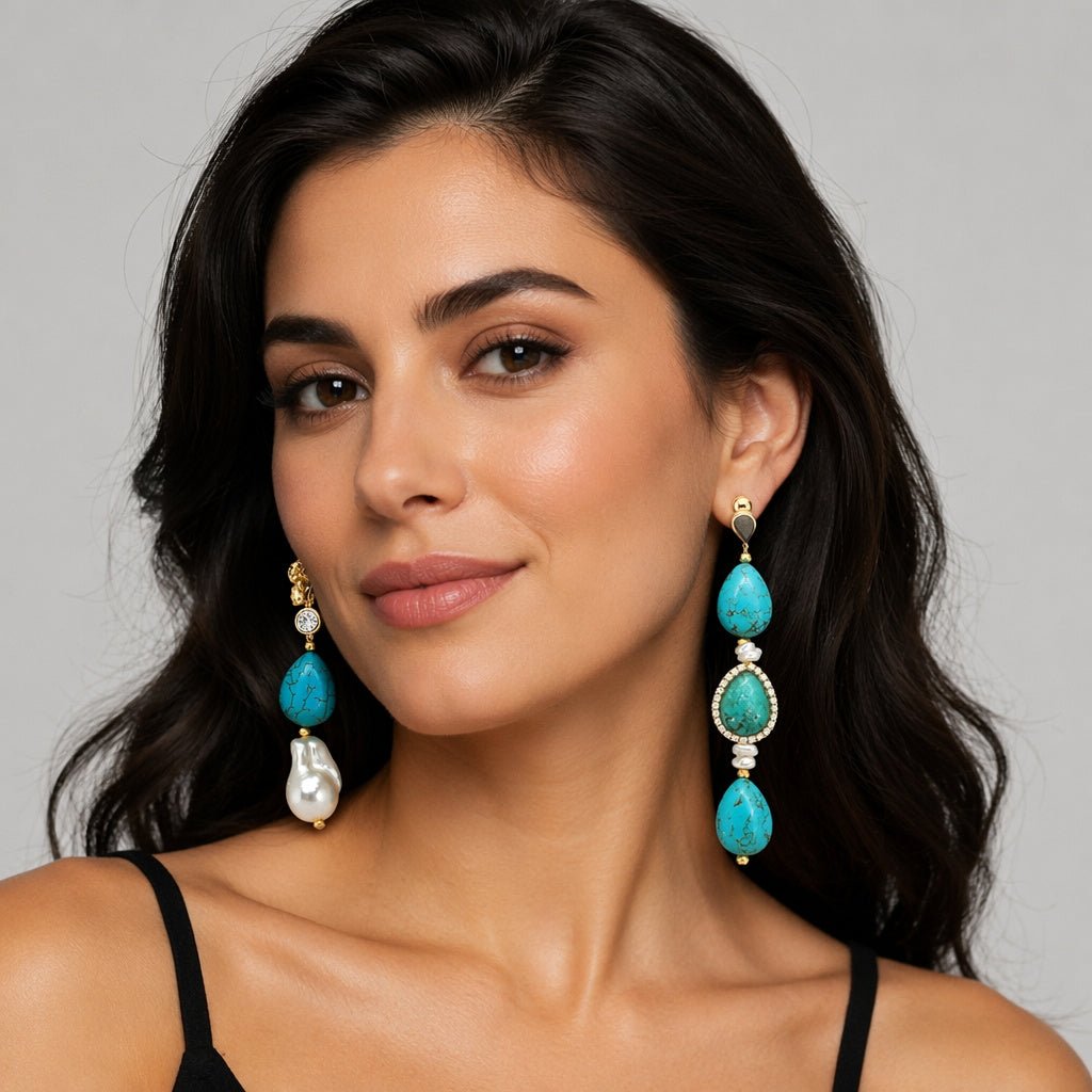 Turquoise and Baroque Pearl Mismatched Drop Earrings