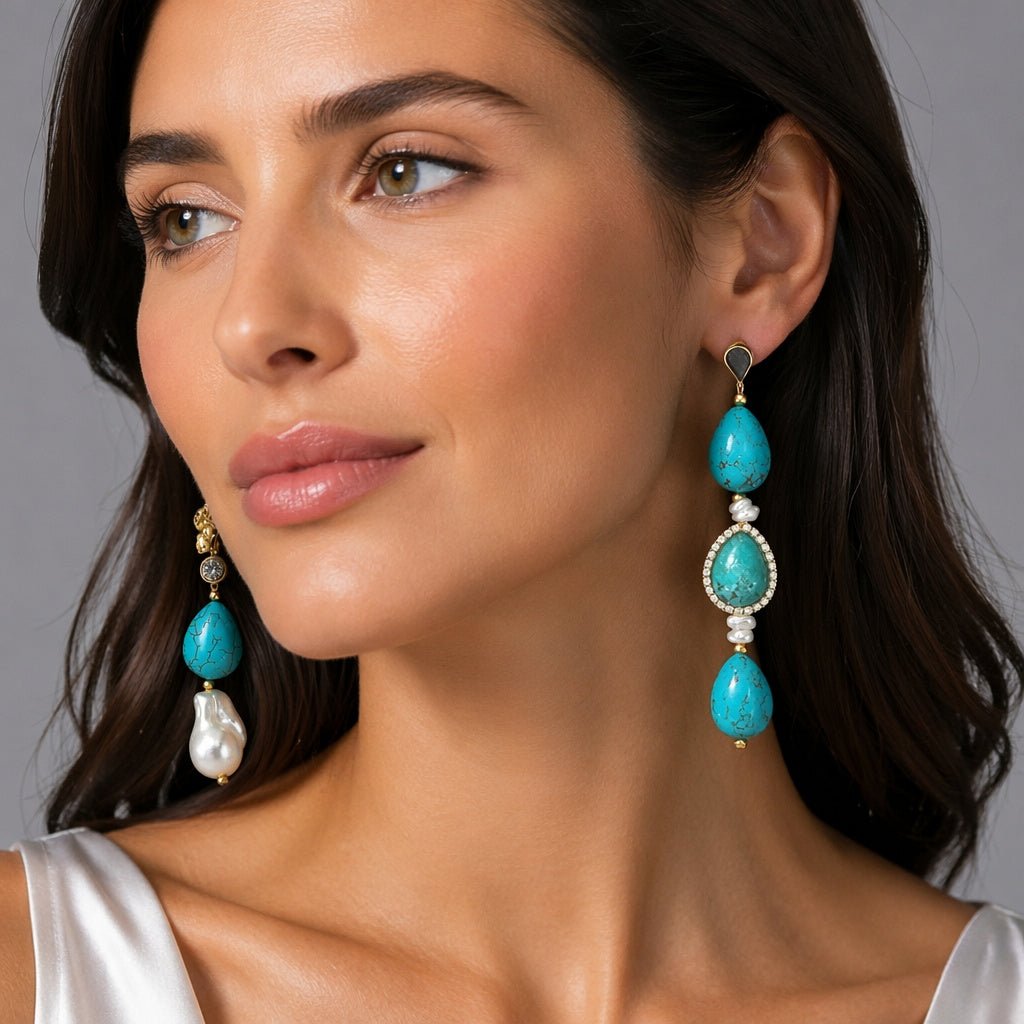 Turquoise and Baroque Pearl Mismatched Drop Earrings