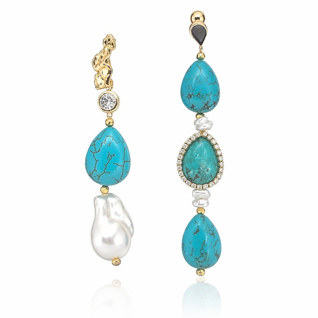 Turquoise and Baroque Pearl Mismatched Drop Earrings