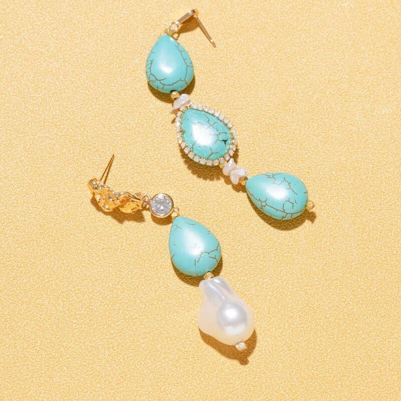 Turquoise and Baroque Pearl Mismatched Drop Earrings