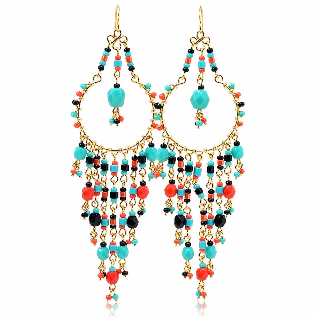 Handmade Beaded Chandelier Earrings - Turquoise Drop