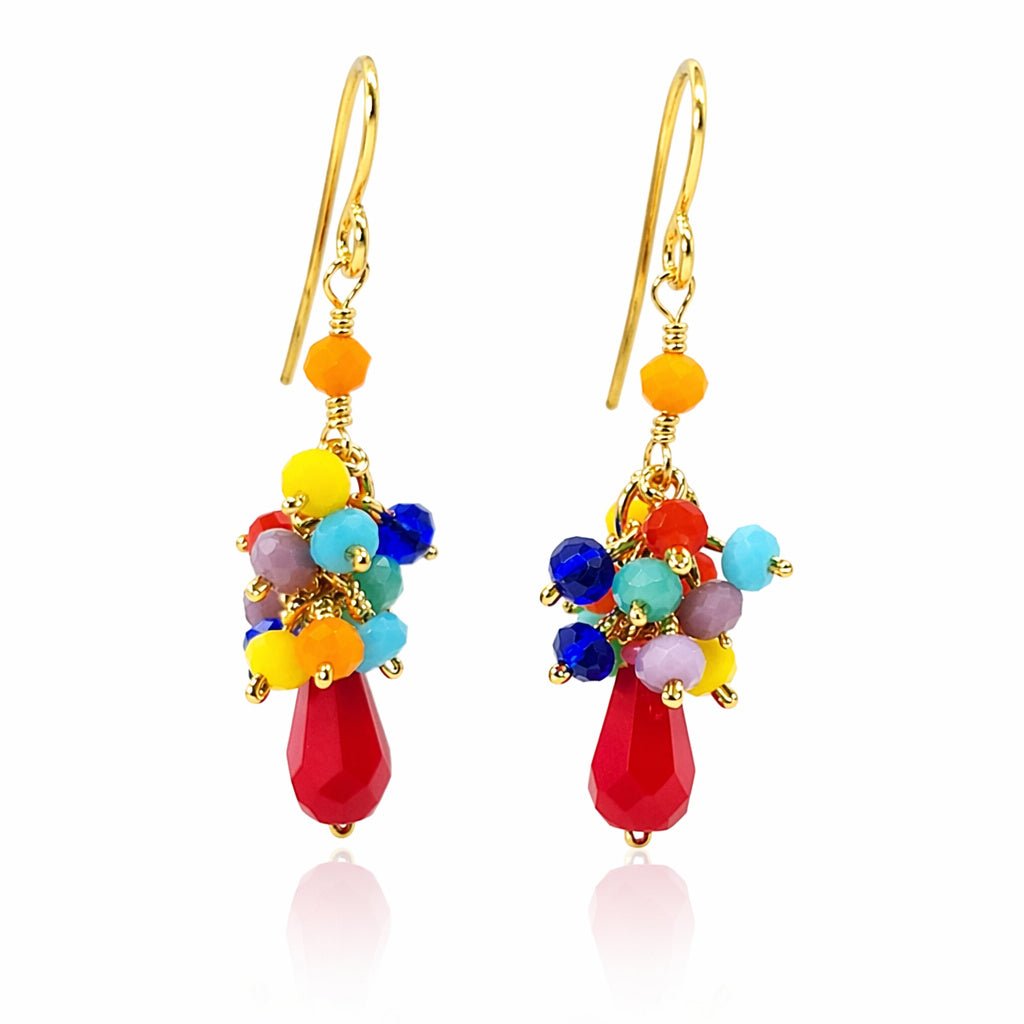 Multi-color Crystal Cluster Earrings - Red