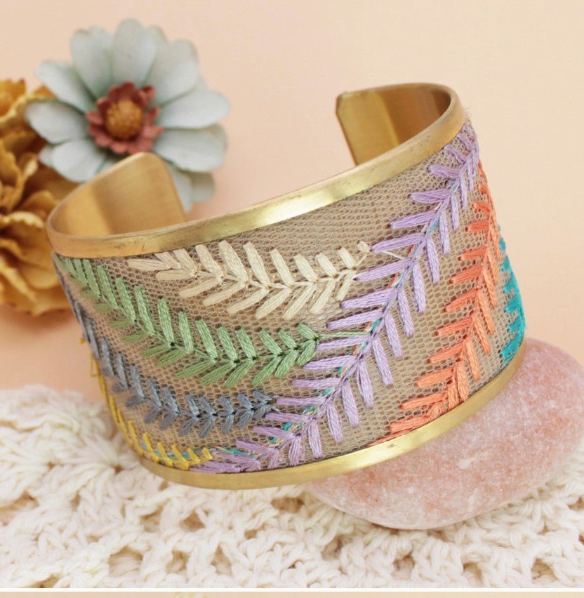 Pastel Ferns Embroidered Cuff Bracelet