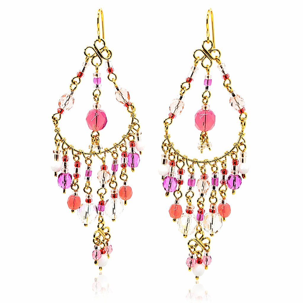 Handmade Beaded Chandelier Earrings - Pink Pastel